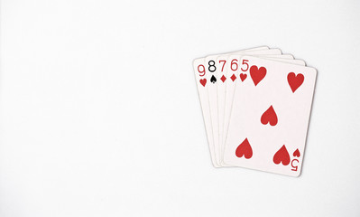 Poker hand rankings symbol set Playing cards in casino: straight on white background, luck abstract, copyspace