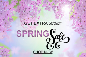 Advertisement about the spring sale on defocused background with beautiful lilac blossom. Vector illustration.