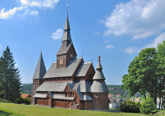 Fototapeta na wymiar die berühmte Stabkirche in Hahnenklee im Oberharz nahe Goslar,Niedersachsen,Deutschland