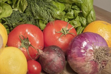 Healthy eating background / studio photography of different fruits and vegetables on old wooden table