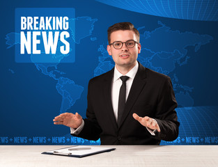 Television presenter in front telling breaking news with blue modern background