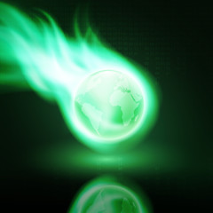 Flying green flaming the globe on dark background