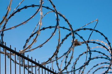 Barbed wire fence on blue sky background