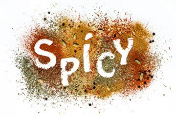 Spicy inscription. Spices selection over white background.