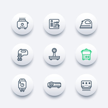 Appliances, consumer electronics line icons set, toaster, coffee machine, blender, flatiron, mixer, steamer, home boiler, air conditioner