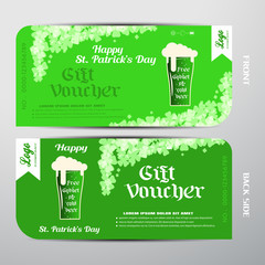 Blank of vector gift voucher for Happy St. Patrick's Day with gradient green background, free goblet of cold beer.