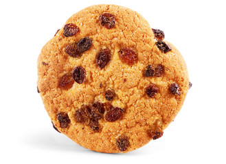 Oatmeal cookies with raisin on white background