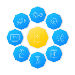 Smart House line icons set, pictograms on octagon shapes