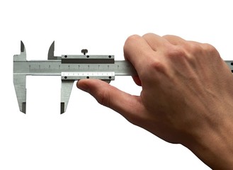 caliper in hand on white background