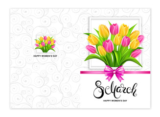 8 march card with handwritten calligraphy lettering and tulips bouquet. Happy women's day postcard template.  Vector illustration.