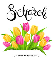 8 march banner with handwritten calligraphy lettering and tulips bouquet. Happy women's day card.  Vector illustration.