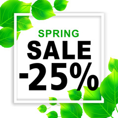 Spring sale -25% season discounts banner with paper frame and leaves. Shop market poster design. Vector illustration.