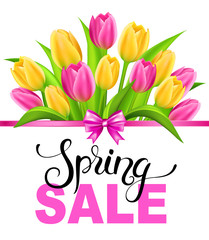 Spring Sale banner with colorfull tulips, handwritten calligraphy and bow. Vector illustration.