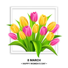 8 march banner with handwritten calligraphy lettering and tulips in frame. Happy women's day card.  Vector illustration.