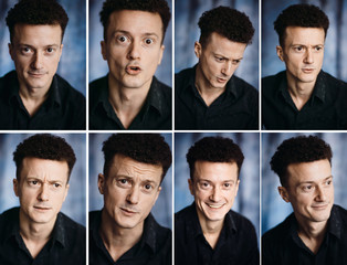 Fototapeta premium Osiem w jednym obrazie brunetki wyrażającego różne emocje na twarzy