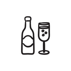 Champagne bottle and two glasses sketch icon.