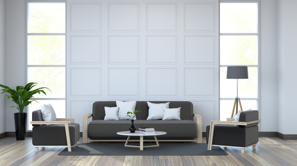 Moder  interior, white room and black furniture on old wood floor /3d render