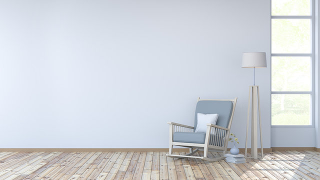 White room interior, lounge chair on wood floor and white wall /3d render