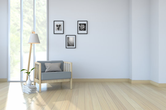 White room interior,arm chair on wood floor and white wall /3d render