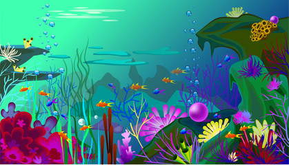 Fototapeta na wymiar Vector Undersea world with fish. Different seaweeds and a big pearl