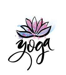 Logo for yoga studio or meditation class. Spa logo design watercolor elements. Meditation concept. Silhouette lotos. Vector illustration for t-shirt print