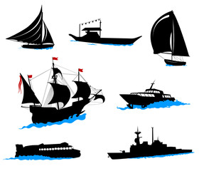 Silhouettes of offshore ships - yacht, fishing boat, the warship.