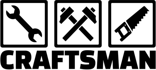 Craftsman job title with wrench, hammer and saw