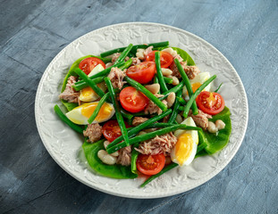 Fresh Tuna Green Bean salad with eggs, tomatoes, beans on white plate. concept healthy food