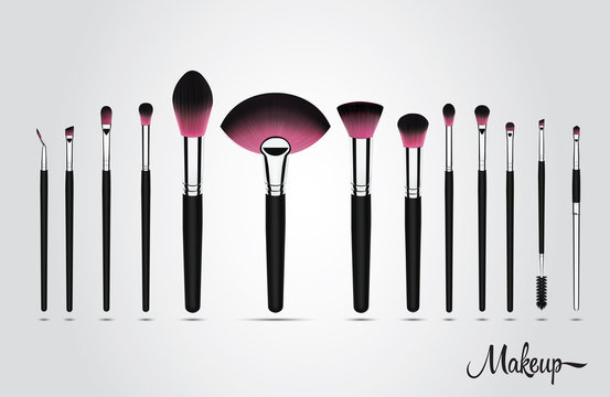 Vector illustration concept of a set of makeup cosmetic brushes
