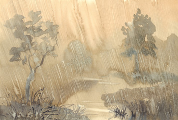 rain watercolor landscape