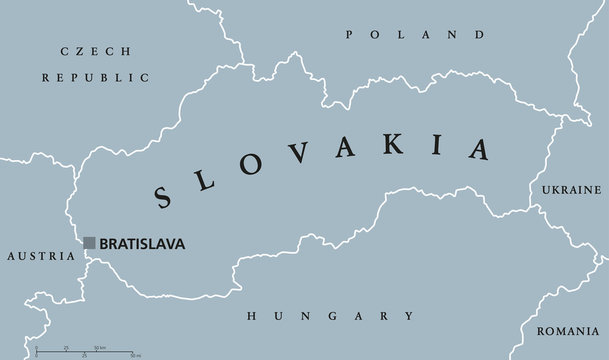 Slovakia political map with capital Bratislava, national borders and neighbor countries. The Slovak Republic is a landlocked country in Central Europe. Gray illustration with English labeling. Vector.