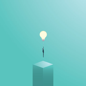 Businessman flying on a lightbulb as a symbol of business creativity. Creative solutions vector concept.