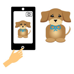 Cell phone and puppy on white background