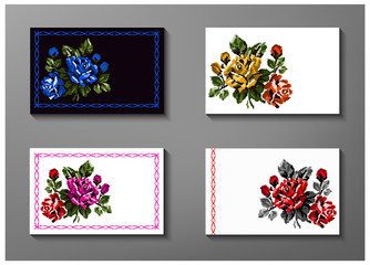 Set collection of visit cards  with ethnic ukrainian embroidery  (roses in blue, yellow, orange, pink, red and  green tones).