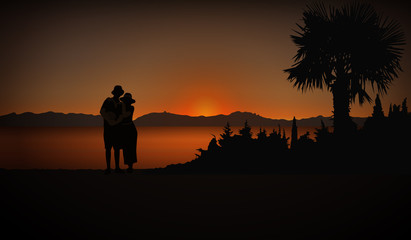 Fototapeta na wymiar Tourists (Loving couple) in cost with palm trees. Evening. Sunset.