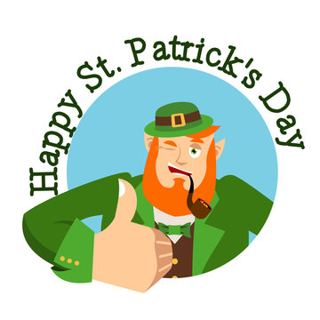 Happy St.Patrick 's Day. Leprechaun winks. Dwarf with red beard thumbs up. Irish elf emotions. Holiday in Ireland