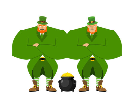 Leprechaun security bodyguard. Dwarf with red beard guarding pot gold coins. Legendary treasures for lucky. St.Patrick 's Day. Holiday in Ireland