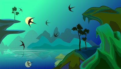 Vector landscape with lake in mountains and seagulls