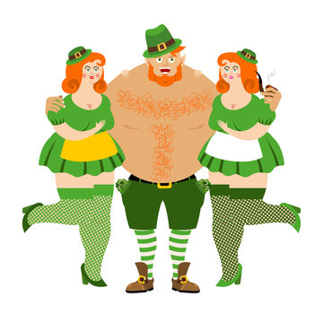 Leprechaun and beautiful girls. Kiss me I'm Irish. tough guy with red beard. Cool Irish pipe and clover. Happy St.Patrick 's Day. Holiday in Ireland