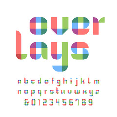 Color font. Vector alphabet with overlay effect letters and numbers.