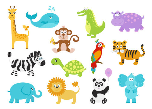Set of cute cartoon  animals for baby  clothes, alphabet cards.