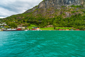 Fototapeta na wymiar Turquoise water in Lustrafjodren, Skjolden, Norway
