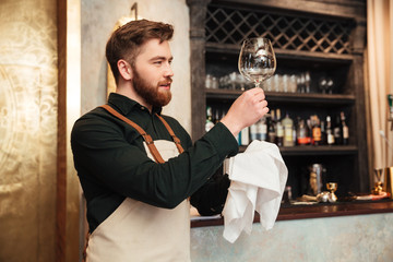 Amazing young bearded man bartender standing in cafe.