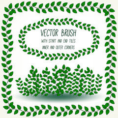 Colored vector brush with inner and outer corners, start and end tiles. Green leaves on branch. Perfect for round and rectangular frames, for separate decorative elements. Example using.