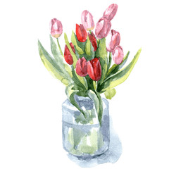 Pink and red tulips in a transparent jaron. - 138376730