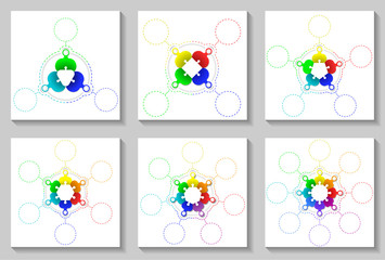 Set of sircle infographic templates 3-8 steps and central element. Colorful parts on white background, puzzle elements. For presentation and design concept. Vector illustration.