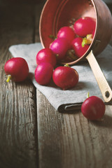 Red radishes on a napkin on wooden boards