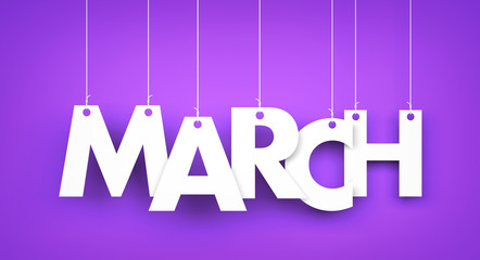 White word MARCH on purple background. 3d illustration