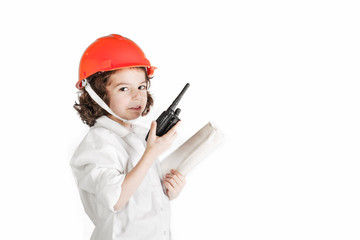 Little cute engineer said on the radio. White background.