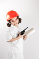 Young curly Energy is a drawing and a walkie-talkie. Gray background.